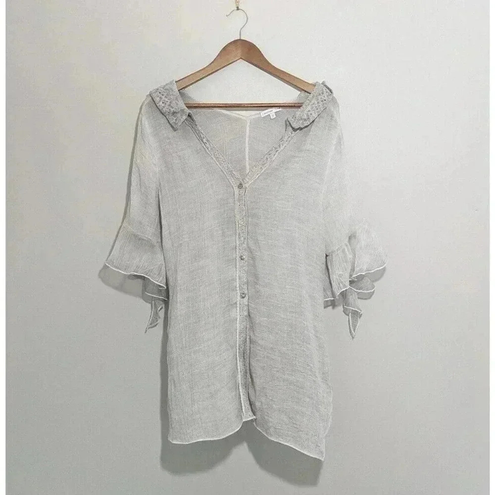 Crosstree Lane Light Gray Off the Shoulder Lagenlook Top Size Small Cotton Blend